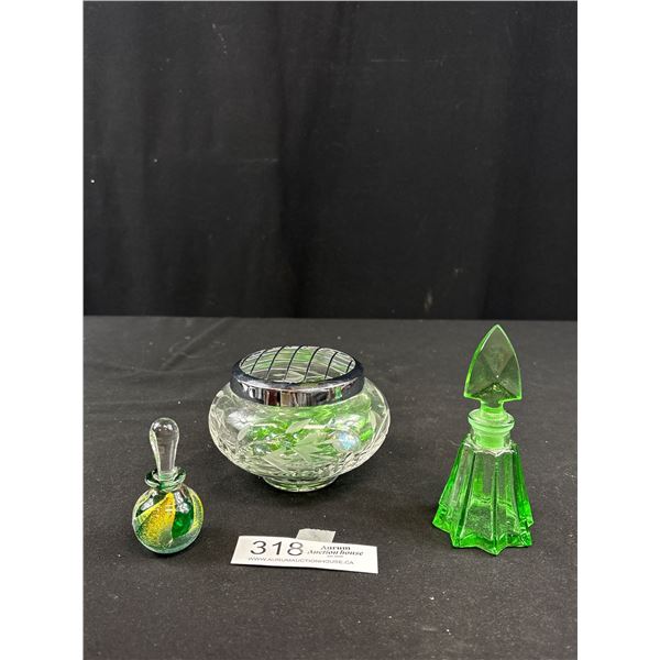 Vintage Cut Crystal Flower Frog & Perfume Bottles