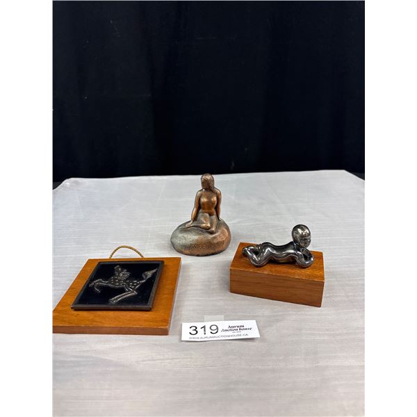 Vintage Collectibles - Charles Amann Plaque, Heavy Baby on Wood Block & Kobenhavn Figure