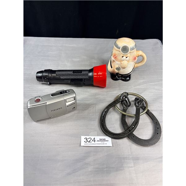 Vintage Collectibles - Floating Flashlight, Horseshoes, Fujifilm Camera, Humourous Doctor Mug
