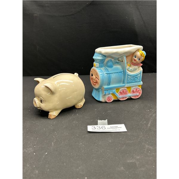 Two Vintage Porecelin Piggy Bank & Flower Pot
