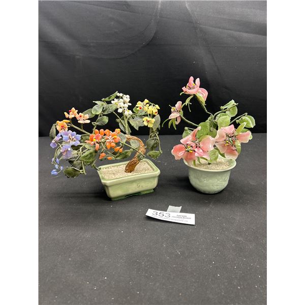 2 Vintage Jade & Glass Leaves Flowered Pots