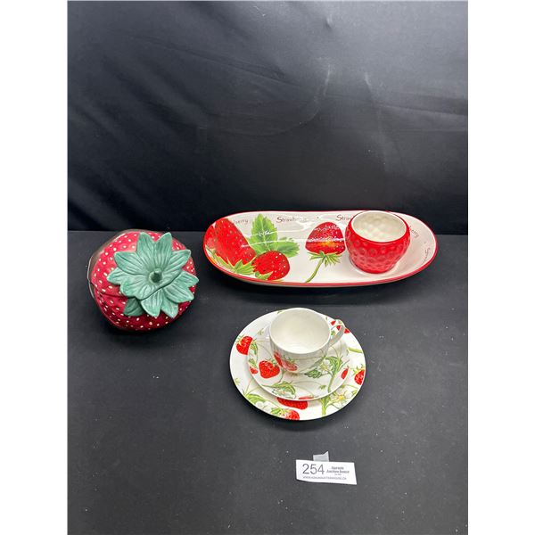 Collectible Strawberry Kitchen Lot of Platter Teacup saucer and Cookie Jar