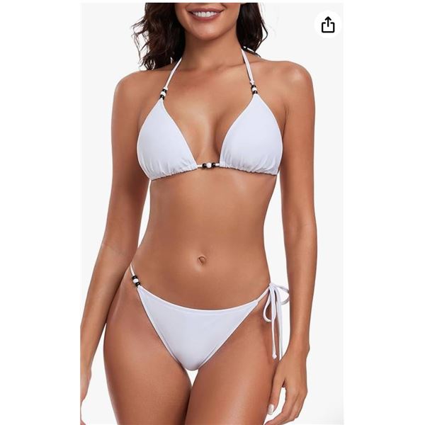 RELLECIGA Women's Bead Detailing Triangle Bikini Set Size L White