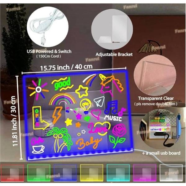 Fanrui 7-Colors 15.75x11.81 Inch LED Acrylic Dry Erase Memo Whiteboard with Remote, Timer & Dimmer,