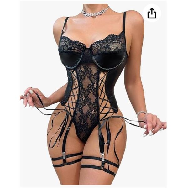 Myilemjt Leather Corset Bodysuit, Black, X-Large