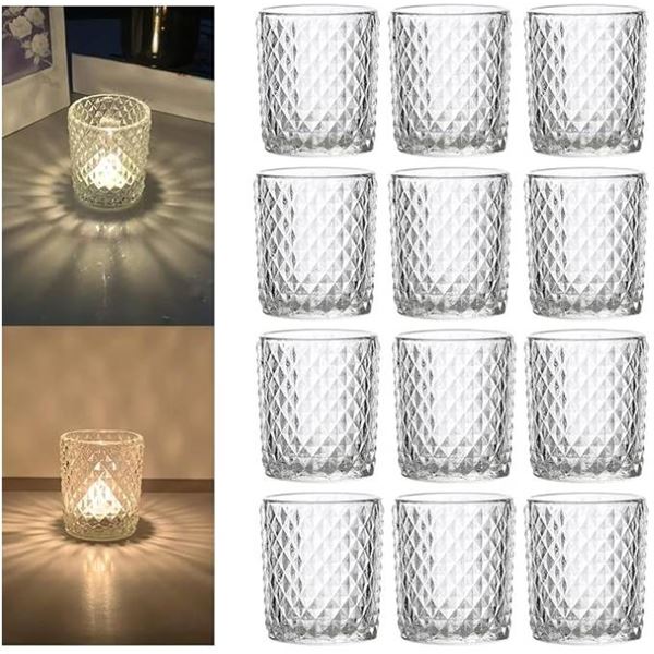 BPFY 12 Pack Clear Glass Votive Holders with Diamond Pattern