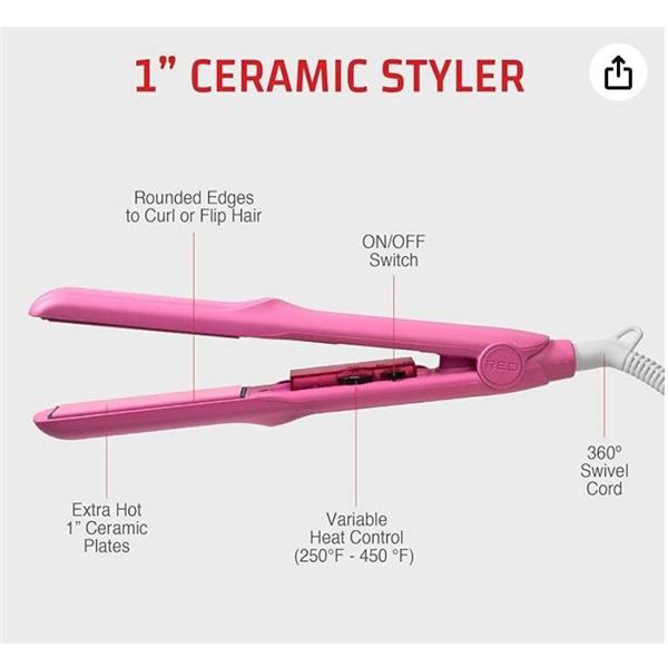 Red by Kiss 1" Ceramic Styler Flat Iron, Up to 450 F Variable Heat Settings