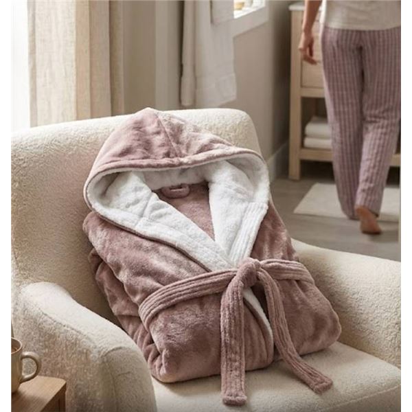 Hooded Bathrobe, Size Large Dark Rose With White Trim