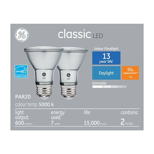 GE Classic LED PAR20 5000K Indoor Floodlight Bulbs, 2-Pack, Energy Star Certified