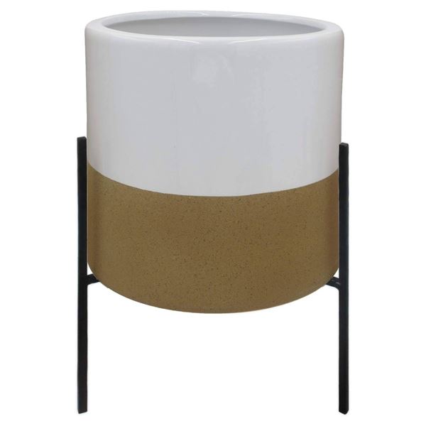 Rivet Mid-Century Ceramic Planter With Iron Stand, White and Tan