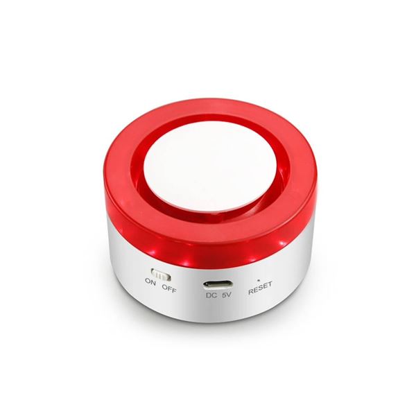 2 Smart Sirens With Technical Parameters and Red LED Alarm Indicators