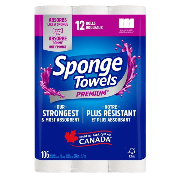 Sponge Towels Premium 12 Rolls, 106 Sheets Per Roll