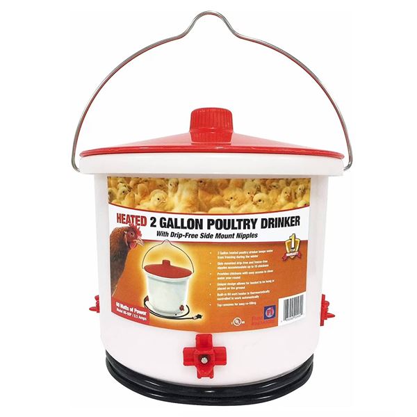 Heated 2 Gallon Poultry Drinker with No-Spill Side Mounted Nipples