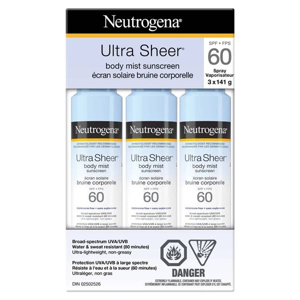 Neutrogena Ultra Sheer Body Mist Sunscreen, SPF 60, 3 x 141 g