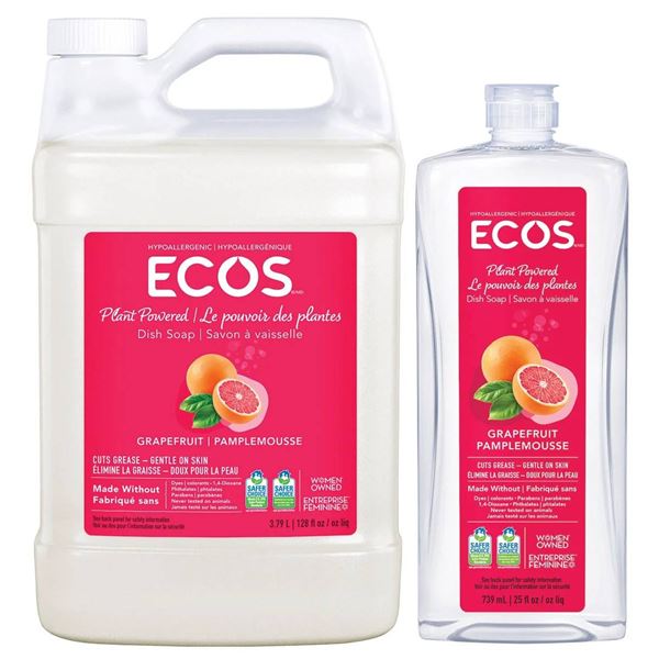 ECOS - Plant-based dishwashing soap with grapefruit scent, 3.79 L + 739 mL