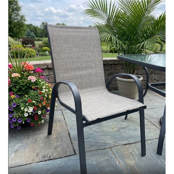 Lot of 6 StyleWell Stacking Sling Chair, Graphite Finish, Riverbed Tan Fabric