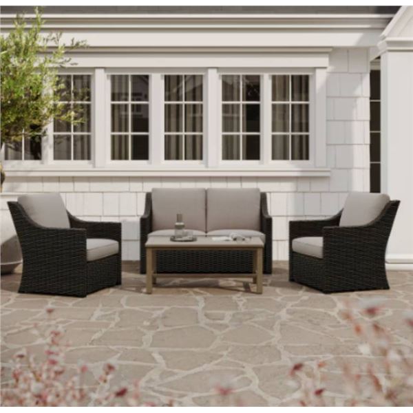 Hampton Bay Haverhill 4-Piece Chat Set, Brown Weave with Beige Cushions