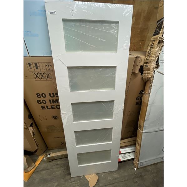 28 Inch x 80 Inch White Shaker Door with Glass Panels, Garson Wood !See Damage In Photo!
