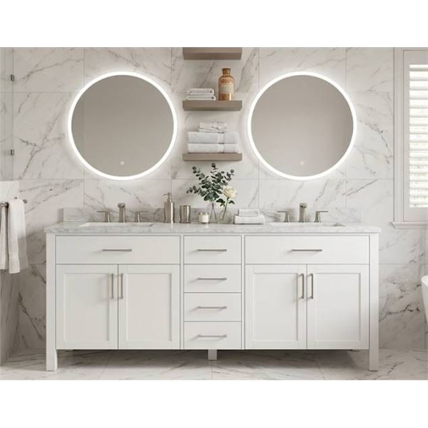 Co-Op Gold 62-Inch Carrera Vanity, White, With Polished Carrera Marble Countertop !Damage to Toe Kic