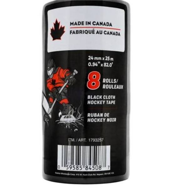 8 Rolls of 24mm x 25m Black Cloth Hockey Tape, Made in Canada