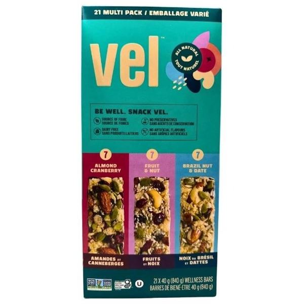 Vel 21 Multi-Pack Wellness Bars, 840g, Almond Cranberry, Fruit & Nut, Brazil Nut & Date