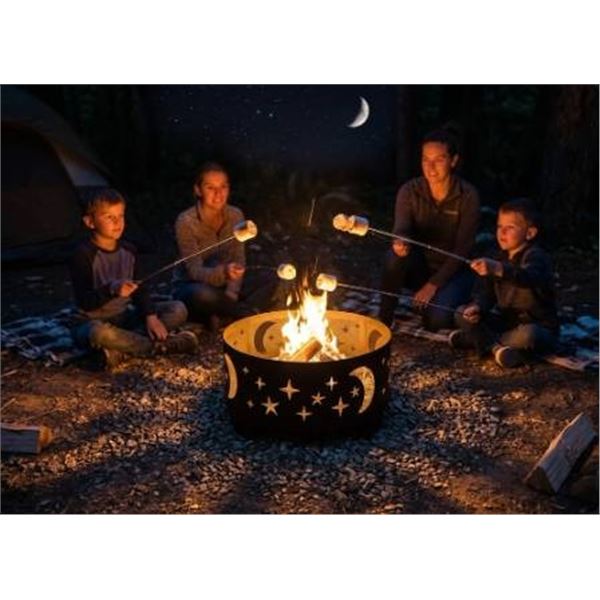 Amazon Basics Outdoor Round Steel Fire Ring - 36-Inch, Star and Moon Design, Black