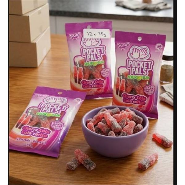 12 Packs of Pocket Pals Sour Cherry Cola Gummies, 75g Each