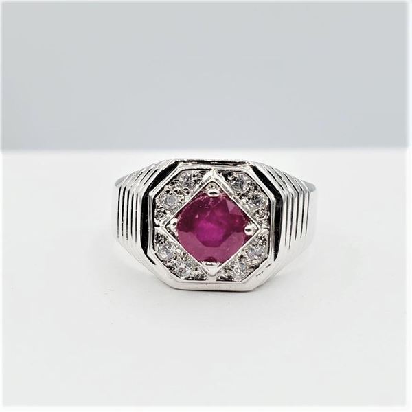 Sterling Silver Natural Enhanced Ruby (0.73ct) with CZ (0.16ct) Ring, Size 7.75, Retail $800.00.
