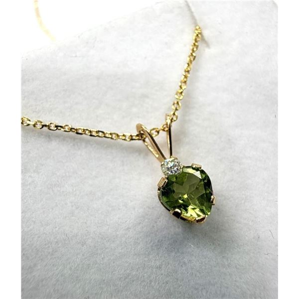 10KT Yellow Gold Natural Peridot Heart Shape Pendant with Gold Plated Sterling Silver Chain, Retail 