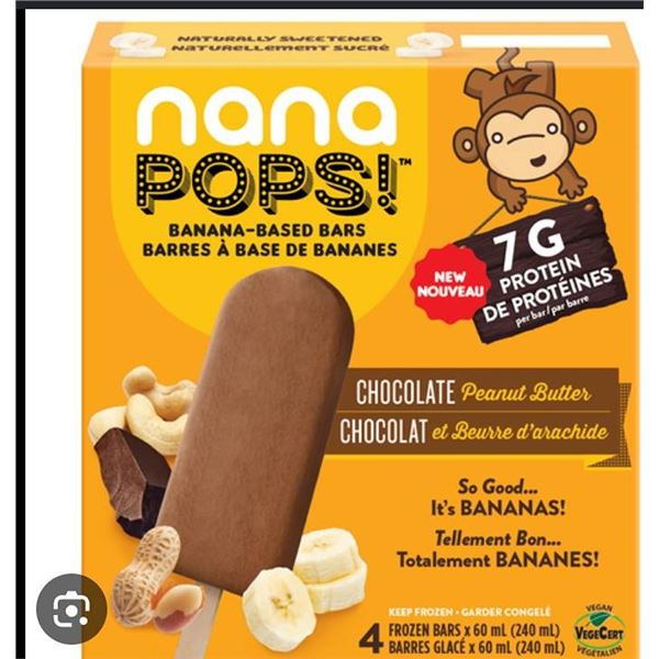 Lot of  6 - Nana Pops Banana-Based Bars, 4-Pack x 55ml Each Chocolate Peanut Butter Flavor