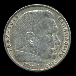 1935A Nazi Germany 5 Mark Silver Coin AU+ Type 2 (COI-5664)