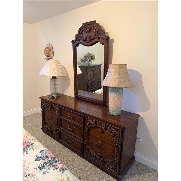 Dresser with mirror 69 1/2 inches long 18 inches deep 29 inches tall