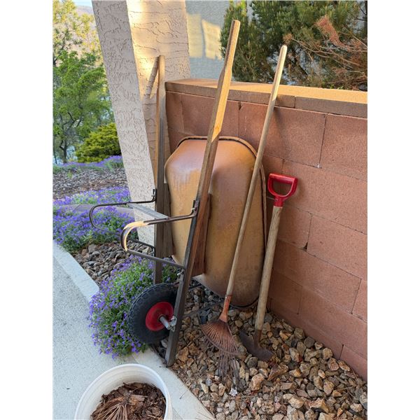 Wheel barrel and garden tools