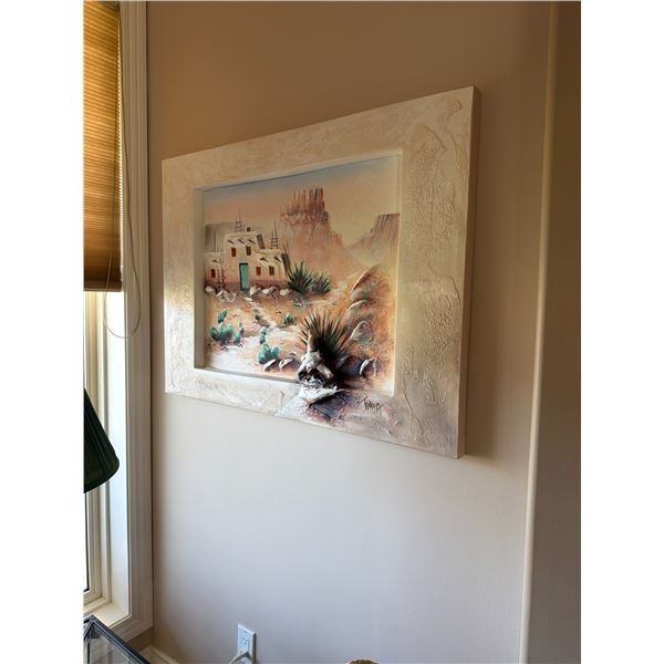 3D sculpture oil painting of an Arizona Desert Pueblo scene by artist Teresa Bernard. 40" x 32"