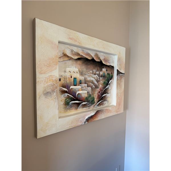 3D sculpture oil painting of an Arizona Desert Pueblo scene by artist Teresa Bernard.