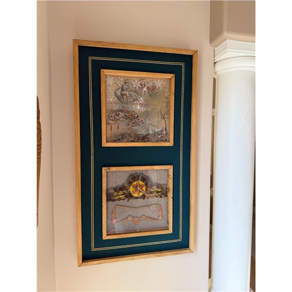 framed art piece featuring Native American style artwork and decorative items. 22 x 39"