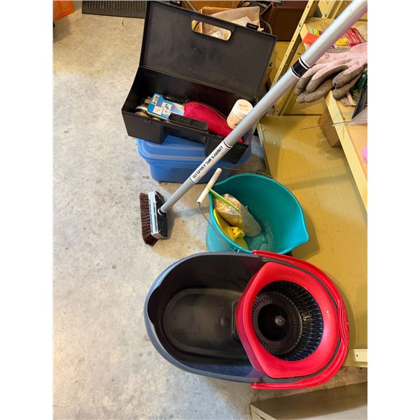 Assorted paints and wash buckets et