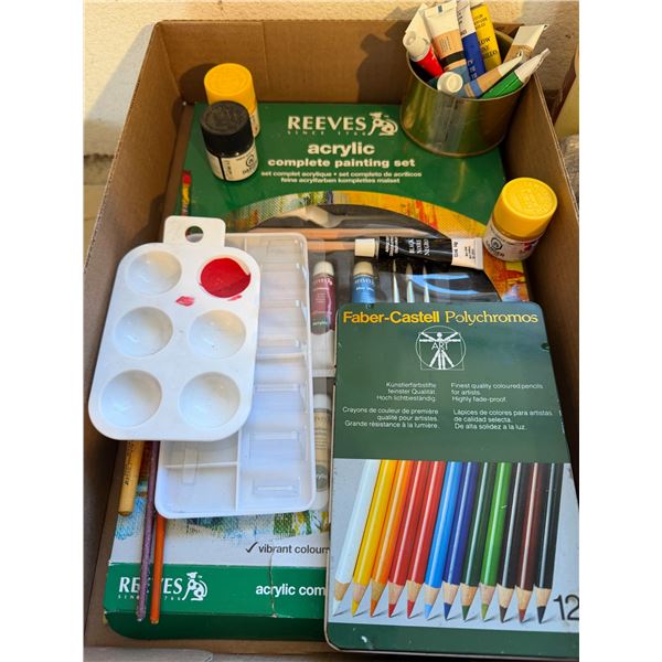 Acrylic paints and pencil crayons, etc.