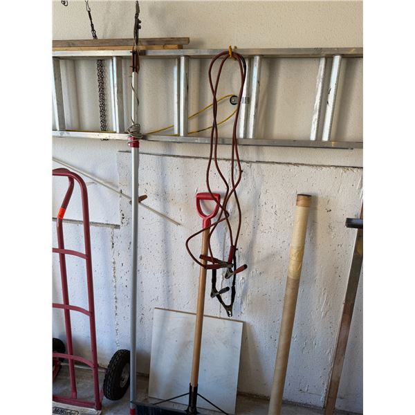 Shovel, pruner and booster cables
