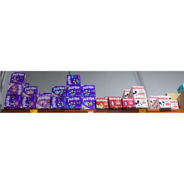 LARGE LOT OF ASSORTED BRAND AND SIZE DIAPERS
