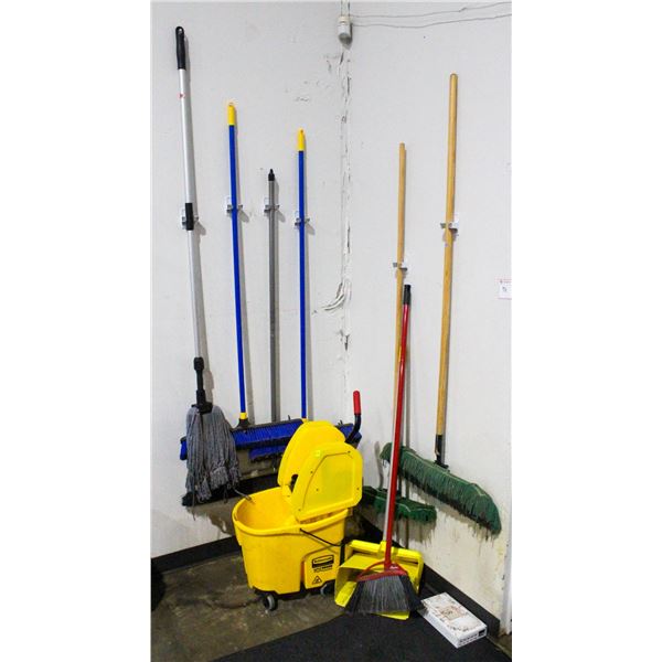 LOT OF CLEANING TOOLS INCLUDES MOP BUCKET, MOPS,