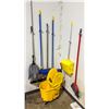 Image 1 : LOT OF CLEANING TOOLS INCLUDES MOP BUCKET, MOPS,
