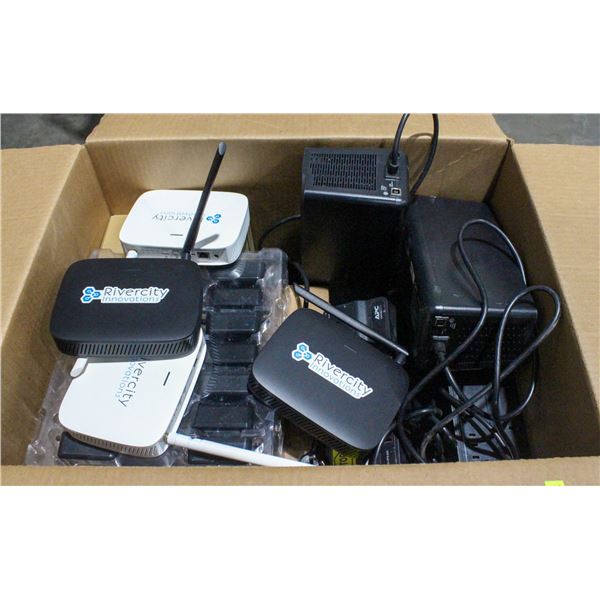 BOX OF APC BATTERY BACK UPS, ROUTERS, AND MORE