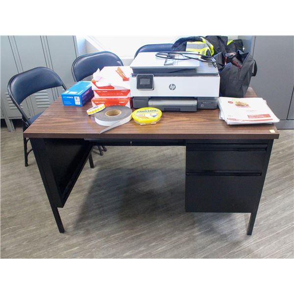 WOOD TONE AND BLACK METAL DESK WITH KEY SOLD