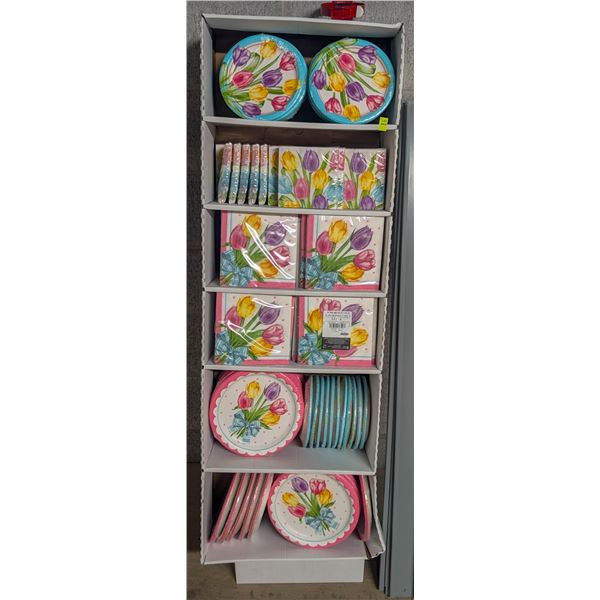 DISPLAY RACK OF FLORAL PAPER PLATES AND NAPKINS