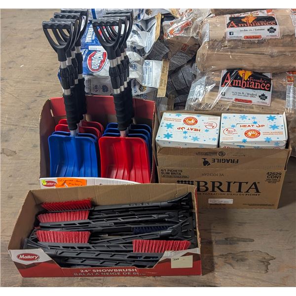 LOT OF EXTENDABLE SHOVELS AND SNOW BRUSHES