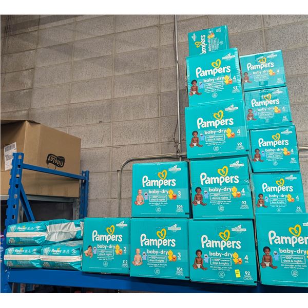 LARGE LOT OF PAMPERS BABY-DRY DIAPERS SZS 2, 3 & 4