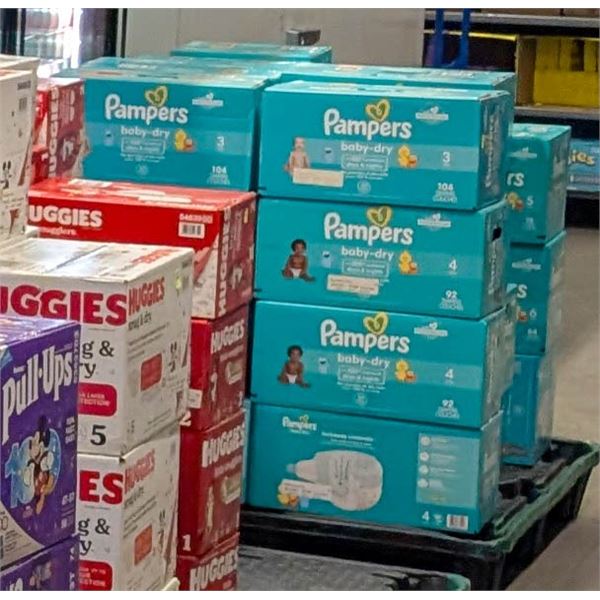 PALLET OF PAMPERS BABY DRY DIAPERS SIZES 2, 3, 4,