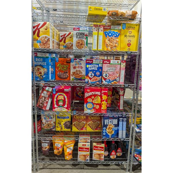 LARGE LOT OF BREAKFAST FOODS INCLUDES CEREALS,