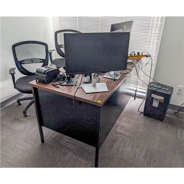 OFFICE DESK WITH CONTENTS INCLUDES MONITORS